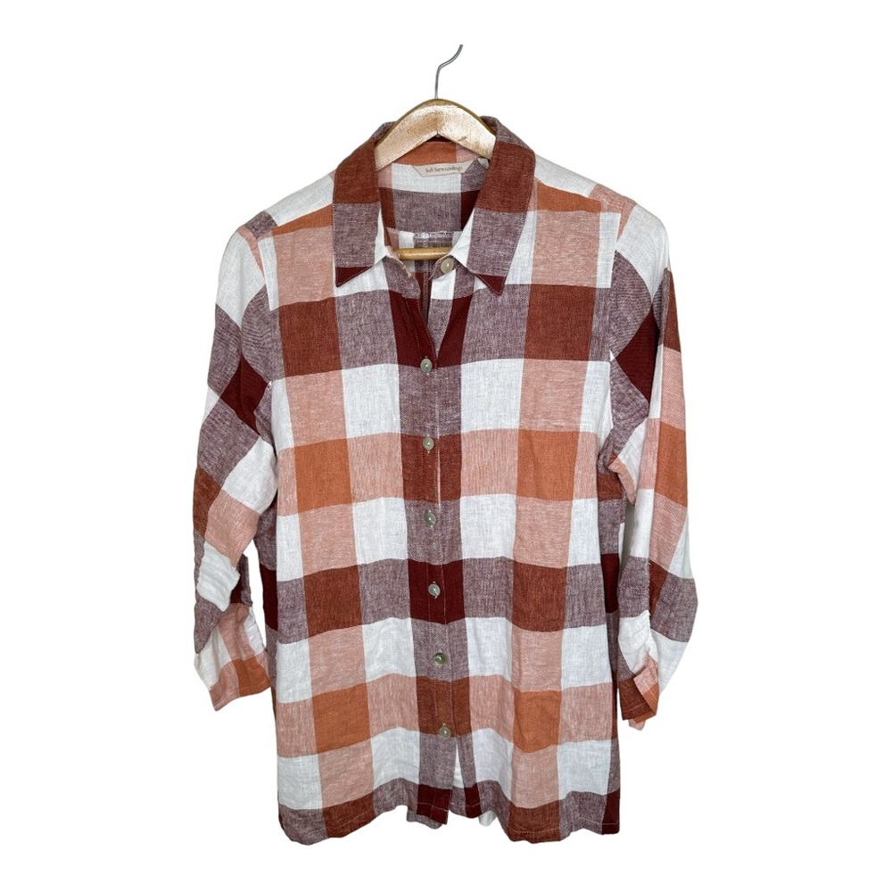 Soft Surroundings Carreaux Plaid Linen Blend Button Down Shirt Size XL